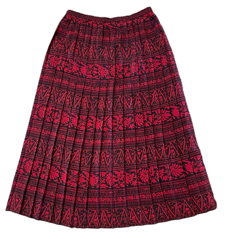 Vintage pleated midi skirt. Red and Black Leslie Fay skirt. Size 14